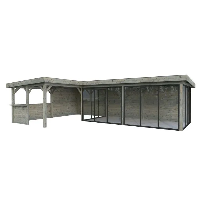 Lenna 33.2m L Flat Roof Gazebo with 4 Full Walls, 4 Sliding Doors and Corner Half Wall (9m x 6m x 3m) Lenna 33.2m L Flat Roof Gazebo with 4 Full Walls, 4 Sliding Doors and Corner Half Wall (9m x 6m x 3m)