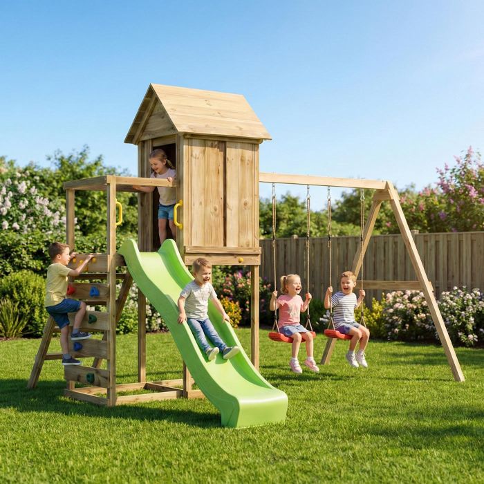 Little Glen Max-play Climbing Gym with Green slide and 2 Swings main product photo