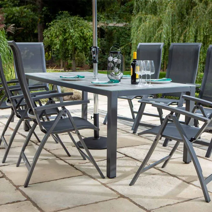 Vienna 8 Reclining Seat Rectangular Dining Set with Parasol and Base