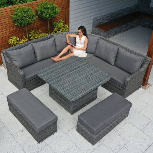 Vancouver Rattan Square Corner Sofa Dining Set With Two Benches in Grey