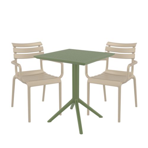 2 Paris Chairs in Taupe and Sky 60cm x 60cm Folding Table Set in Green