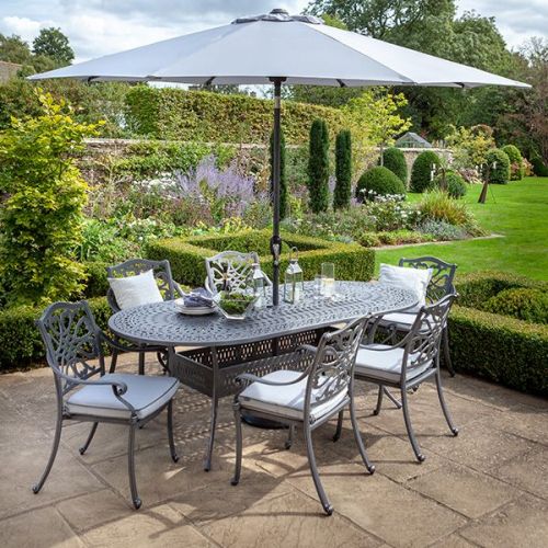 Hartman Capri 6 Seat Oval Dining Set in Antique Grey with Parasol and Base