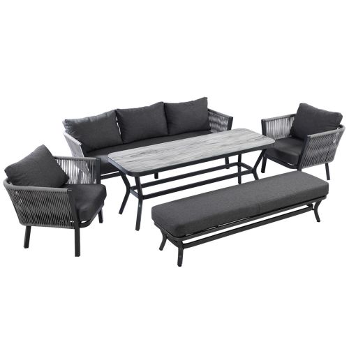 Hartman Dubai 3 Seat Rope Lounge Sofa with 2 Lounge Chairs, Bench and Casual Table - Xerix / Slate
