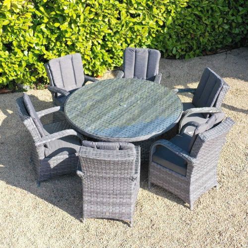 Chicago 6 Seat Round Rattan Dining Set in Grey with Quick Dry Back Cushions