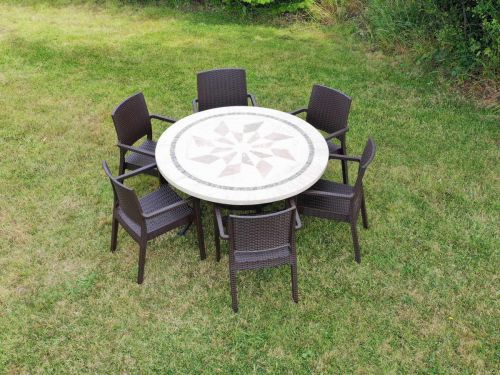 135cm Dalkey Round Stone Top Effect Table with 6 Ibiza Chairs in Brown