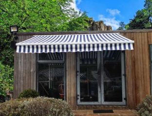 Aurora Prestige Blue and White Awning with Manual and Remote Control - 3.5m x 2.5m