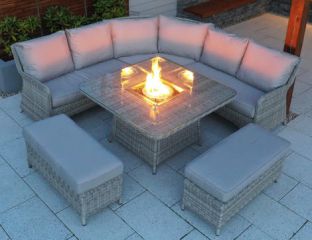Large Outdoor Rattan Corner Fire Pit Set