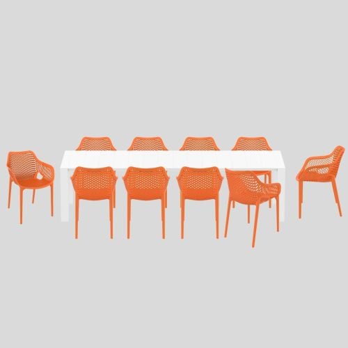 10 Orange Air XL  Chairs and White Extending Vegas Table XL Set