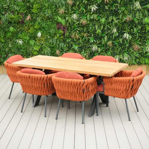 Tebal Teak 180cm Rectangular Table with 6 Aranweave Orange Chairs