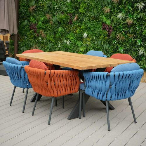 Tebal Teak 180cm Rectangular Table with 6 Aranweave Chairs Orange and Blue