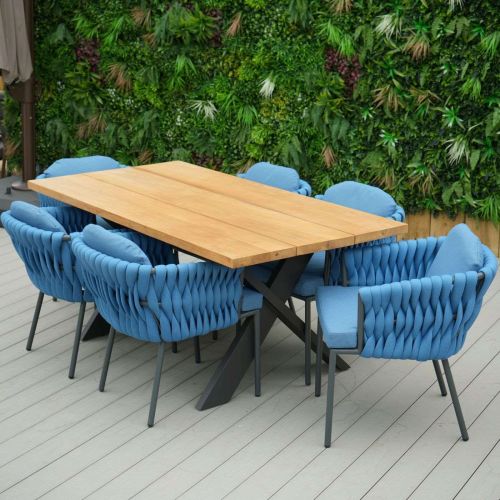 Tebal Teak 180cm Rectangular Table with 6 Aranweave Blue Chairs