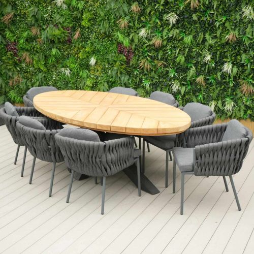 Meja Teak Oval 240cm Table with 8 Aranweave Chairs in Grey