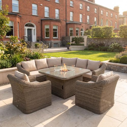 Avoca Rattan Corner Dining Set with Gas Firepit Table - Light Brown