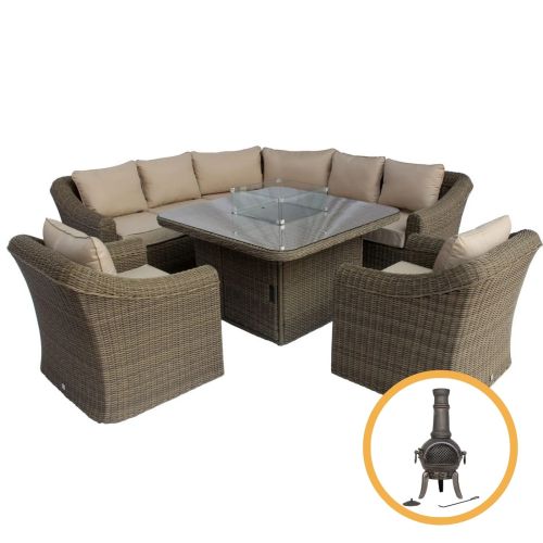 Avoca Rattan Corner Dining Set with Gas Firepit Table - Light Brown