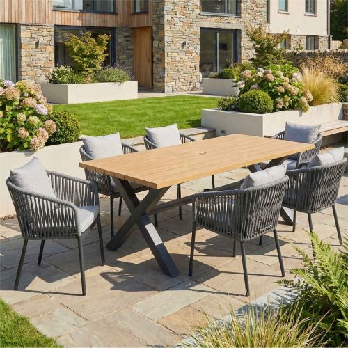 Palm 180cm Teak Effect Rectangular Dining Set with 6 Camilla Grey Chairs
