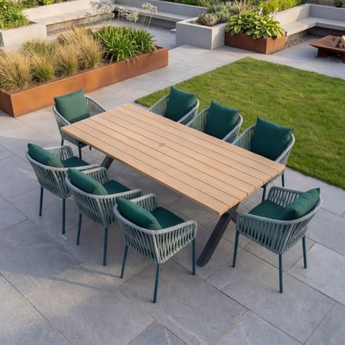 Palm 240cm Rectangular Dining Table with 8 Camilla Teal Chairs