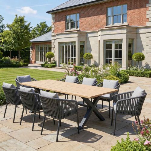 Palm 240cm Teak Effect Rectangular Dining Set with 8 Camilla Grey Chairs