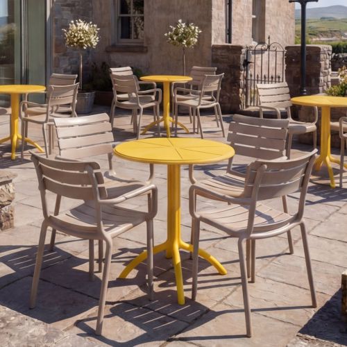 4 Seater Octopus Round Table Yellow with Paris Chairs in Taupe