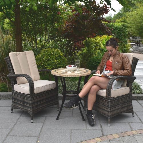 2 Cairo Rattan Chairs with Back Cushions and Dalkey Stone Top Round Table