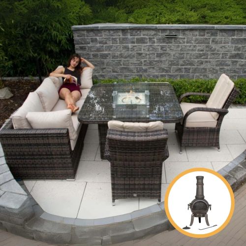 Rio Grande Corner Fire Pit Outdoor Sofa Set with 2 Armchairs - Chocolate