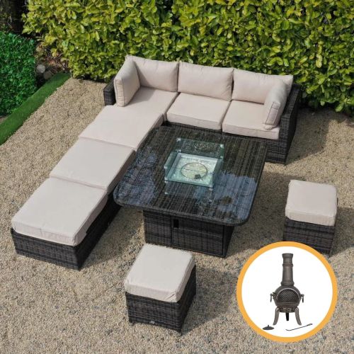 Rio Grande Outdoor Corner Sofa Set With 2 Footstool and Firepit - Chocolate