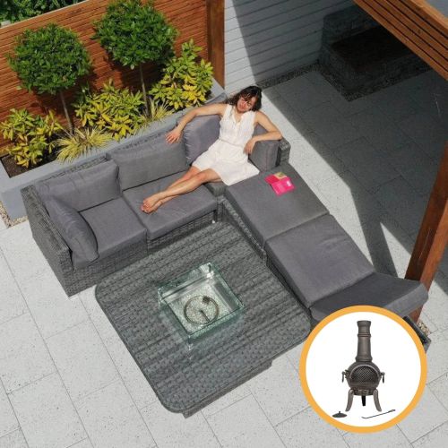 Rio Grande Rattan Corner Sofa Set With Gas Fire Pit Table in Grey