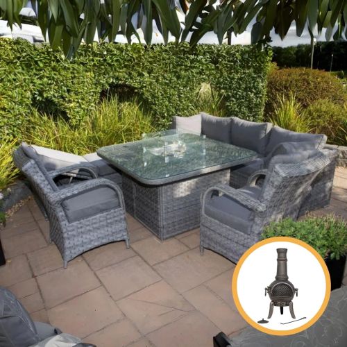 Rio Grande Corner Rattan Sofa Set With Firepit and Two Chicago Armchairs - Grey