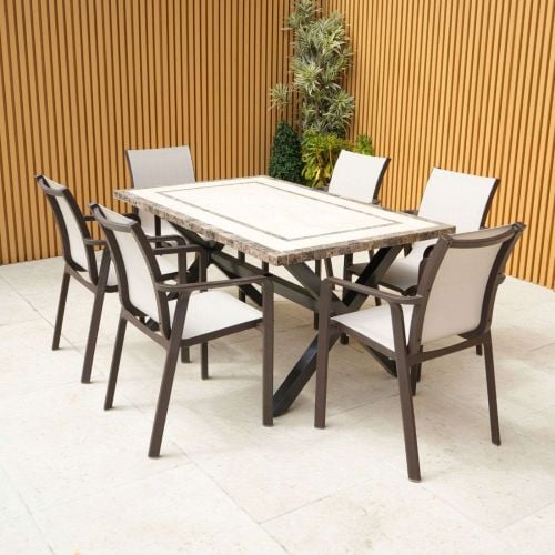 Killiney 6 Seat Rectangular Stone Top Effect Set with Brown Pacific Chairs