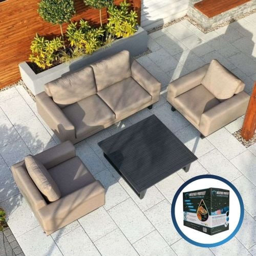 Galaxy Celeste 2 Seat Outdoor Fabric Sofa Set With 2 Armchairs and Coffee Table in Taupe