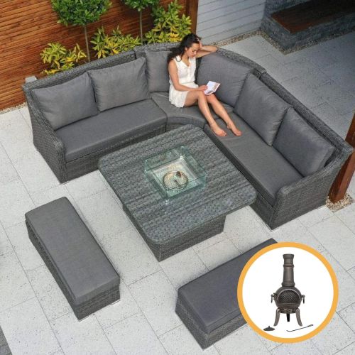 Halifax Gas Firepit Rattan Corner Sofa Set with 2 Benches