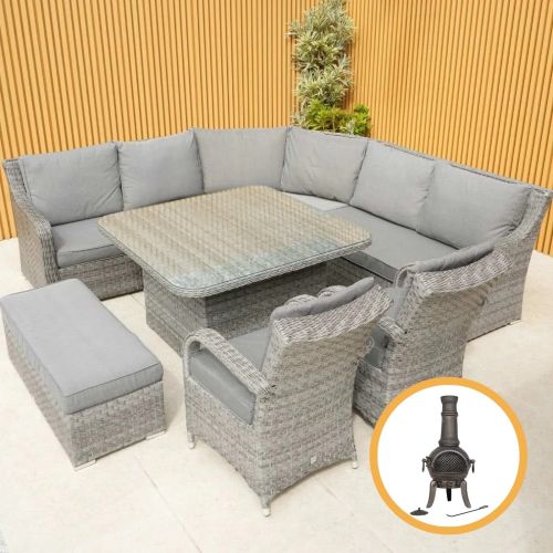 Vancouver Rattan Corner Sofa Dining Set With Bench and 2 Chicago Chairs in Grey