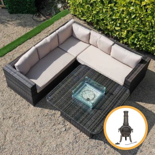 San Jose Rattan Corner Sofa Set with Square Gas Fire Pit Table - Chocolate