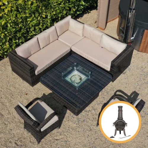 San Jose Rattan Corner Sofa Set with Square Fire Pit Table & Two Armchairs - Chocolate