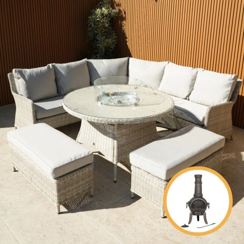 Hamilton Corner Bench Set with Round Firepit Dining Table