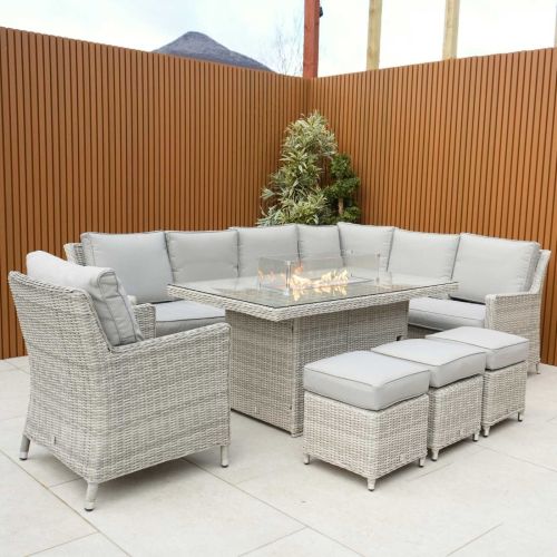 Hamilton Rattan Left Hand Corner Dining Set with Rectangular Gas Firepit Table and Armchair