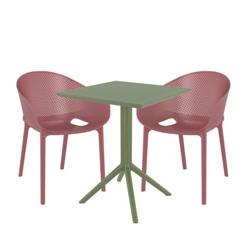 2 Sky Chairs in Marsala and Sky 60cm x 60cm Folding Table Set in Green