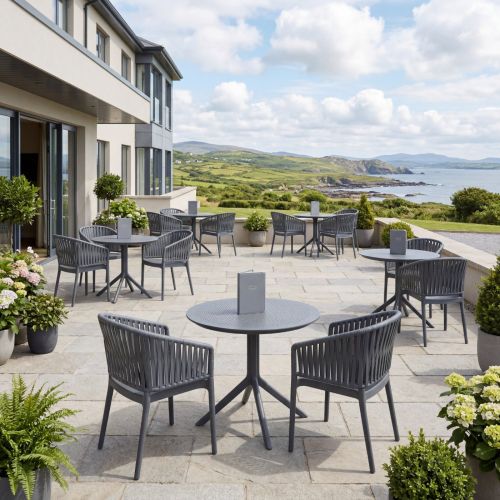 2 Portofino Armchair and Sky Folding Round Table 60 Set in Dark Grey