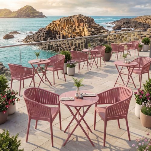 2 Portofino Armchair and Helen Folding Round Table 60 Set in Marsala