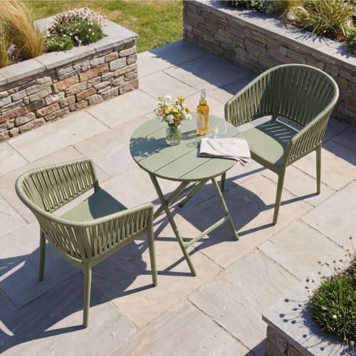 2 Portofino Armchair and Helen Folding Round Table 60 Set in Olive Green