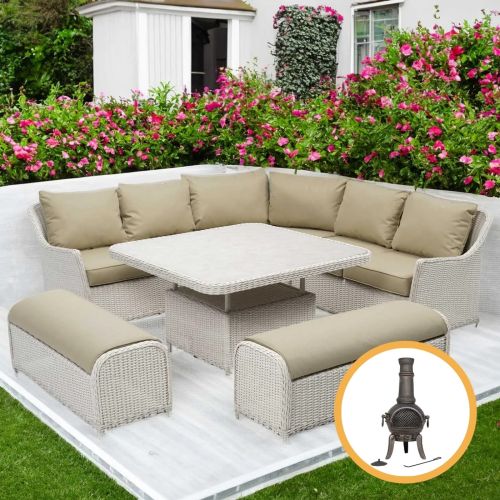 Connemara Rattan Corner Garden Dining Set with Square Rising Table and 2 Benches