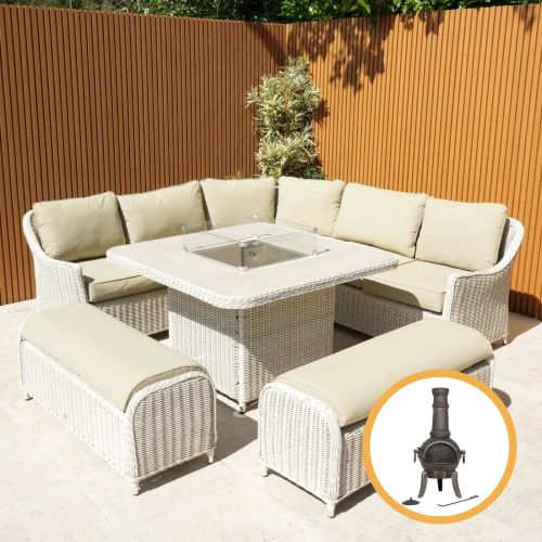 Connemara Rattan Corner Outdoor Dining Set with Square Fire Pit Table