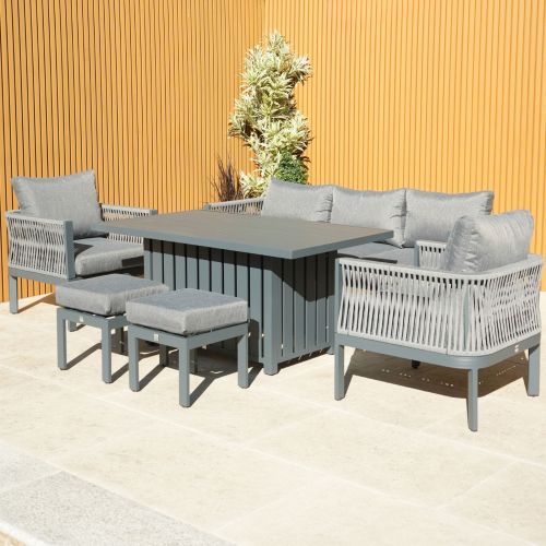 Aurora Lounge Set with Rectangular Table, Armchairs and Footstools in Grey