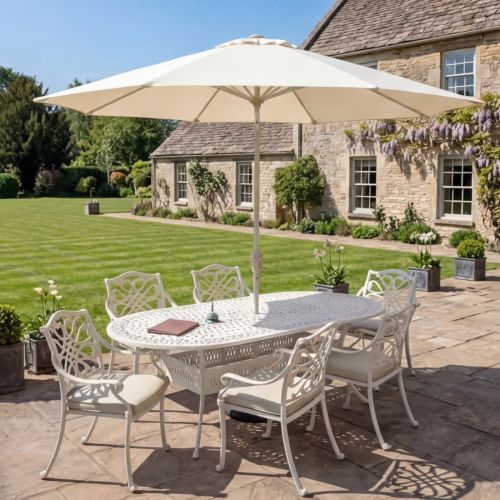 Capri 6 Seat Oval Cast Aluminium Set with Parasol and Base - Maize