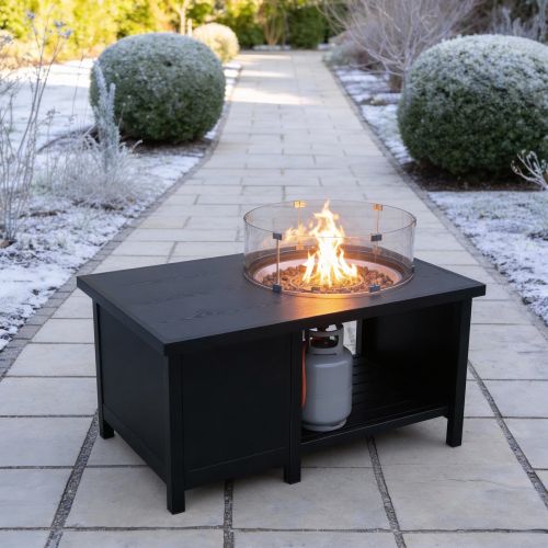 Wood Effect Bronze Rectangular Firepit Table with Glass