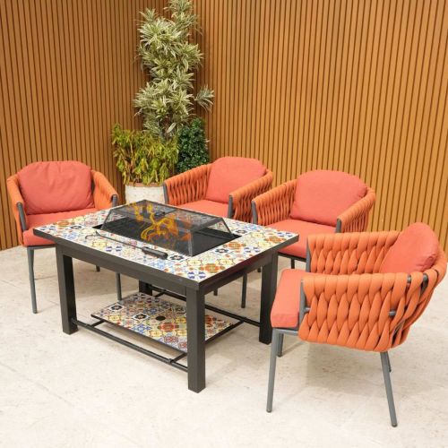 Lambay Table Fire Pit in Black with 4 Aranweave Rope Chairs in Orange