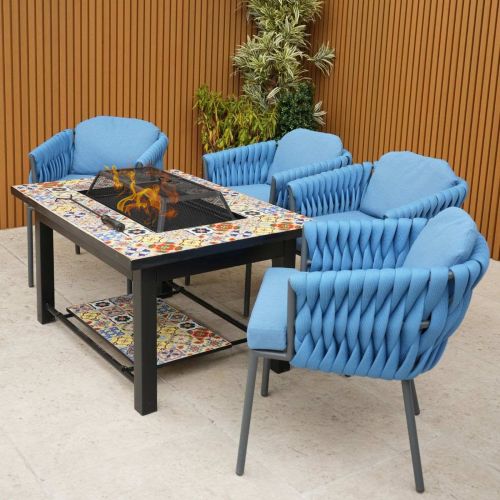 Lambay Table Fire Pit in Black with 4 Aranweave Rope Chairs in Blue