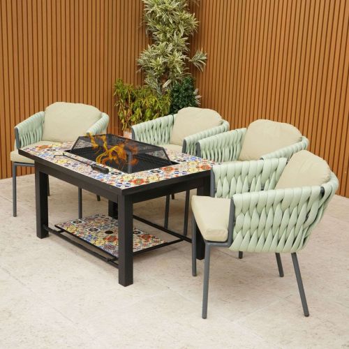 Lambay Table Fire Pit in Black with 4 Aranweave Rope Chairs in Green