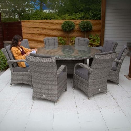 Chicago 8 Seater Round Rattan Set in Grey with Back Cushions