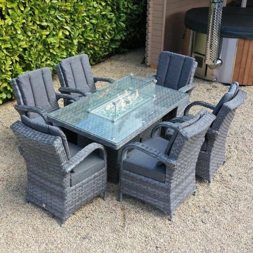 California 6 Seater Rattan Rectangular Fire Pit Table Set in Grey with Quick Dry Cushions