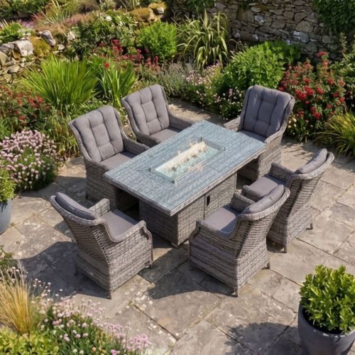 California High Back 6 Seat Dining Set with Rectangular Firepit Table